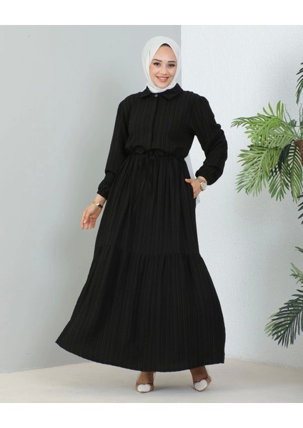 Lara Yarım Düğmeli Gömlek Yaka Elbise