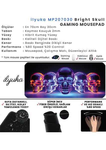 70X30 Bright Skull Ilyuka MP207030 Büyük Boy Xl Gaming Mousepad Dikişli Kenar Kaymaz Taban 70X30CM