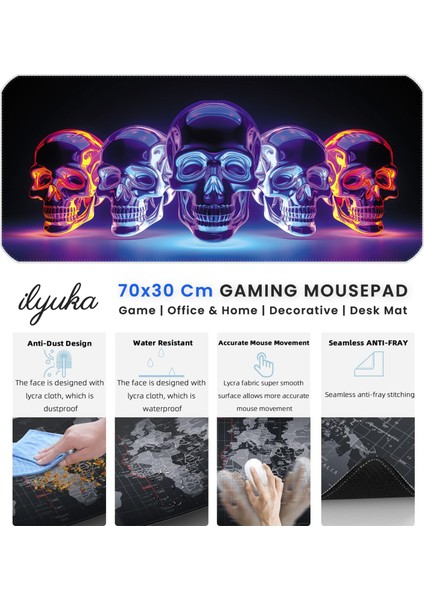 70X30 Bright Skull Ilyuka MP207030 Büyük Boy Xl Gaming Mousepad Dikişli Kenar Kaymaz Taban 70X30CM