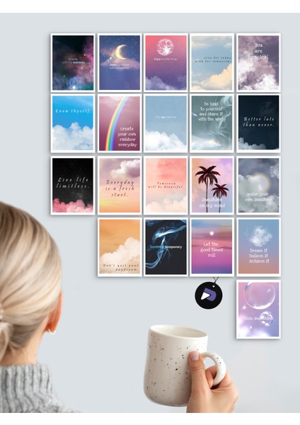 20'li Motto Motivasyon Kartları Seti, Tel Mantar Pano Poster Seti, Motivasyon Temalı Duvar Aksesuarı