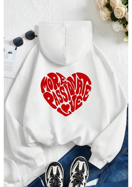 Uygun Tarz More Love Baskılı Pamuklu Oversize Sweatshirt
