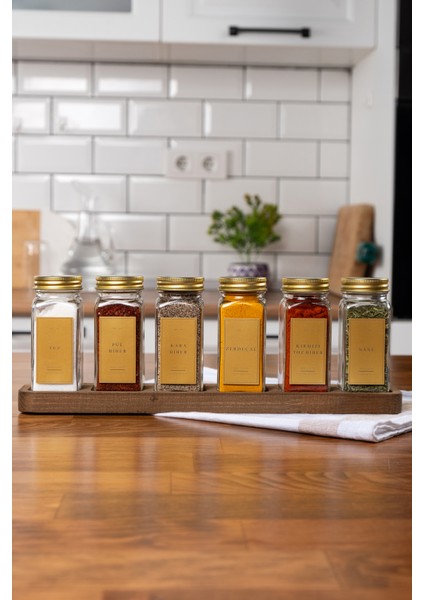 6'lı Ahşap Standlı Cam Baharatlık Seti Gold Kapaklı Etiketli Baharatlık Takımı
