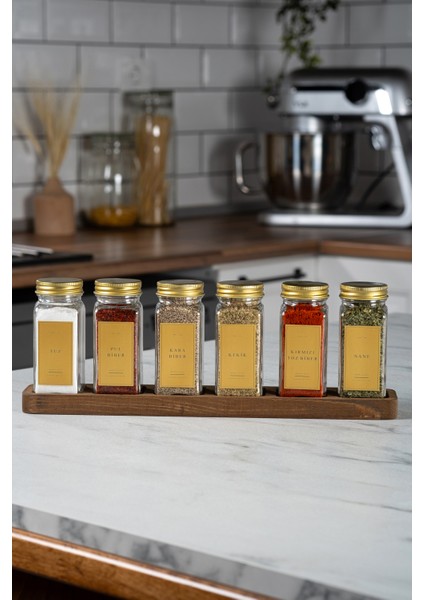 6'lı Ahşap Standlı Cam Baharatlık Seti Gold Kapaklı Etiketli Baharatlık Takımı fiyatları