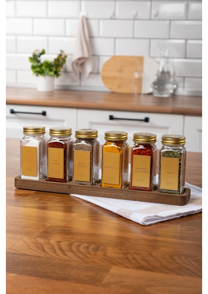6'lı Ahşap Standlı Cam Baharatlık Seti Gold Kapaklı Etiketli Baharatlık Takımı modelleri