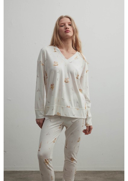 Kadın Pamuklu V Yaka Uzun Kollu Pijama Üstü