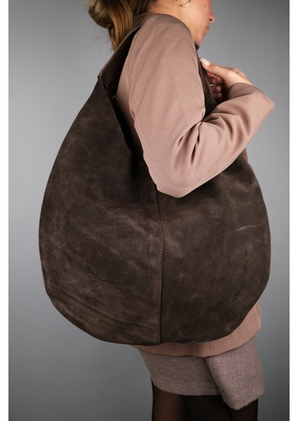 Puja Kahve Cilt Kahve Süet Deri Kadın Omuz Çantası