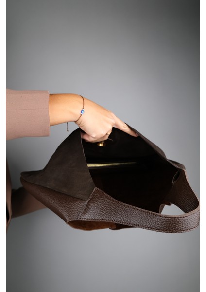 Puja Kahve Cilt Kahve Süet Deri Kadın Omuz Çantası modelleri