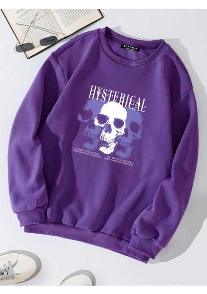 Oversize Bisiklet Yaka Basic Hystarigal Baskılı Sweatshirt - Mor