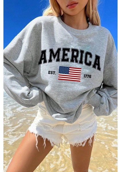 Uygun Tarz America Baskılı Pamuklu Oversize Sweatshirt