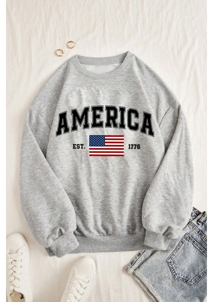 Uygun Tarz America Baskılı Pamuklu Oversize Sweatshirt fiyatları