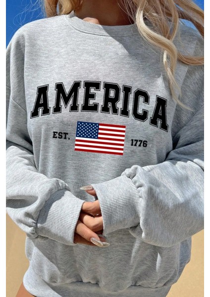 Uygun Tarz America Baskılı Pamuklu Oversize Sweatshirt modelleri