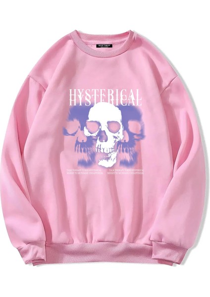 Oversize Bisiklet Yaka Basic Hystarigal Baskılı Sweatshirt - Pembe