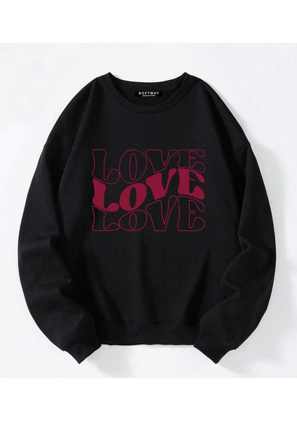 Oversize Bisiklet Yaka Basic Three Love Baskılı Sweatshirt - Siyah