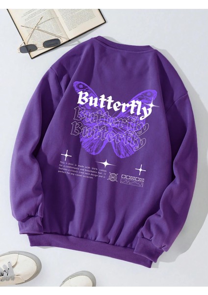 Oversize Bisiklet Yaka Basic Butterfly Baskılı Sweatshirt - Mor