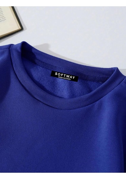 Oversize Bisiklet Yaka Basic Hang Loose Baskılı Sweatshirt - Saks Mavisi