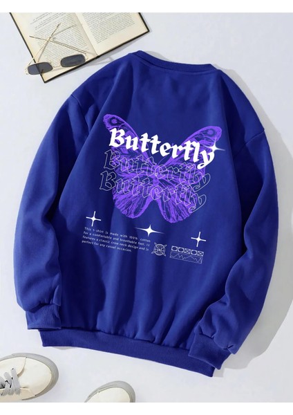 Oversize Bisiklet Yaka Basic Butterfly Baskılı Sweatshirt - Saks Mavisi