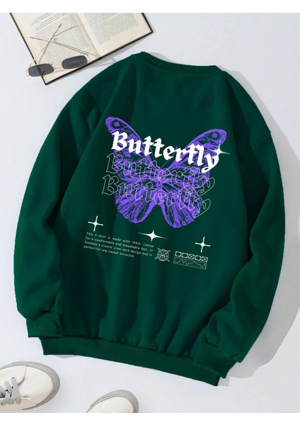 Oversize Bisiklet Yaka Basic Butterfly Baskılı Sweatshirt - Koyu Yeşil
