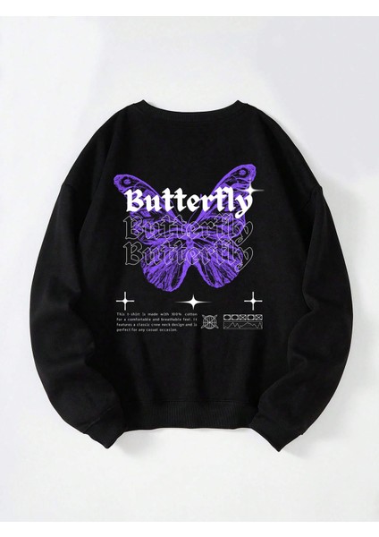 Oversize Bisiklet Yaka Basic Butterfly Baskılı Sweatshirt - Siyah