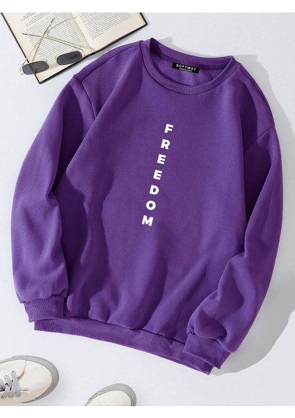 Oversize Bisiklet Yaka Basic Freedom Baskılı Sweatshirt - Mor