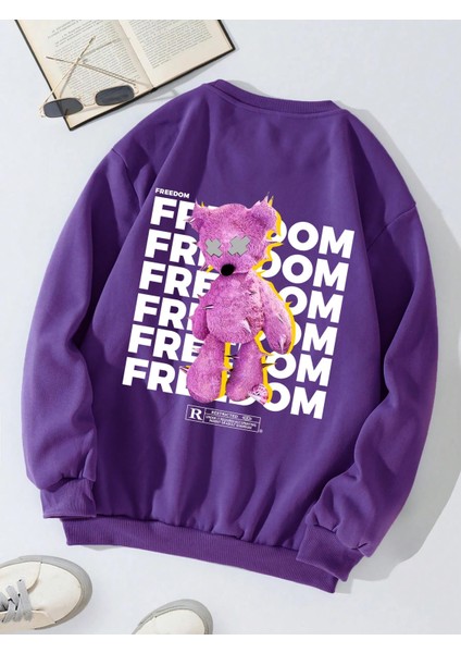 Oversize Bisiklet Yaka Basic Freedom Baskılı Sweatshirt - Mor