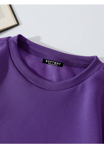 Oversize Bisiklet Yaka Basic Freedom Baskılı Sweatshirt - Mor