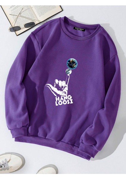 Oversize Bisiklet Yaka Basic Hang Loose Baskılı Sweatshirt - Mor