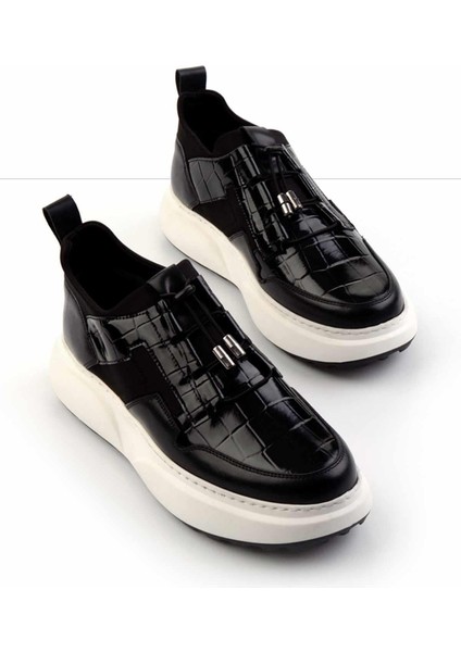 Siyah Siyah Kroko Deri Erkek Sneaker E01194010203