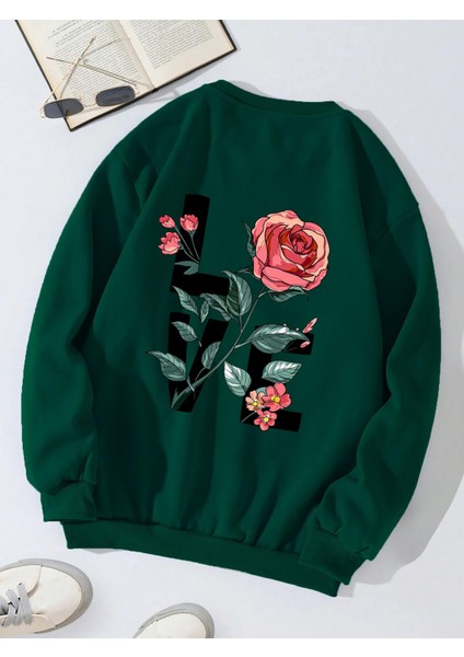 Oversize Bisiklet Yaka Basic Rose Love Baskılı Sweatshirt - Koyu Yeşil