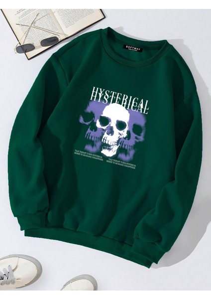 Oversize Bisiklet Yaka Basic Hystarigal Baskılı Sweatshirt - Koyu Yeşil