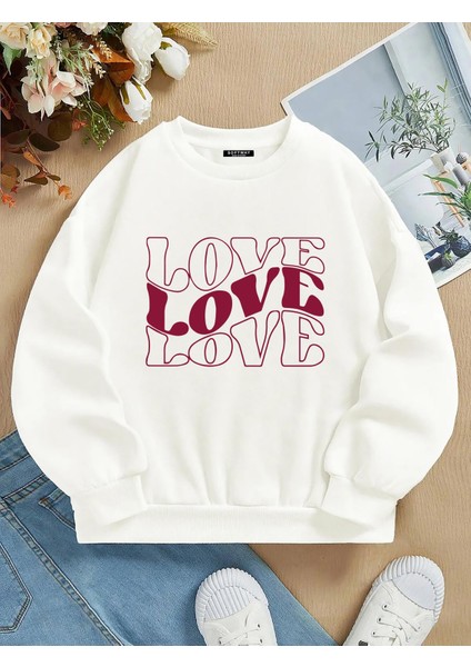 Oversize Bisiklet Yaka Basic Three Love Baskılı Sweatshirt - Ekru