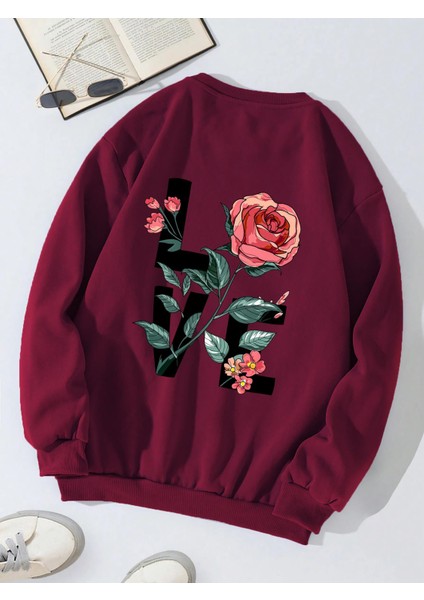 Oversize Bisiklet Yaka Basic Rose Love Baskılı Sweatshirt - Bordo