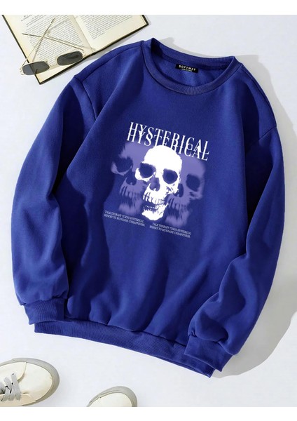 Oversize Bisiklet Yaka Basic Hystarigal Baskılı Sweatshirt - Saks Mavisi