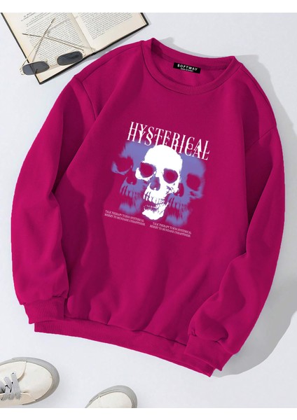 Oversize Bisiklet Yaka Basic Hystarigal Baskılı Sweatshirt - Fuşya