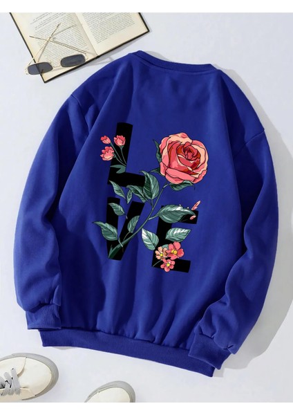 Oversize Bisiklet Yaka Basic Rose Love Baskılı Sweatshirt - Saks Mavisi