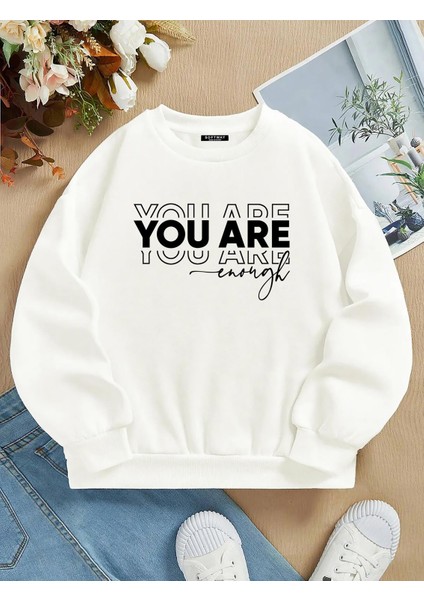 Oversize Bisiklet Yaka Basic You Are Baskılı Sweatshirt - Ekru