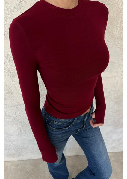 Bordo Soft Touch Bambu Parmak Geçmeli Tişört