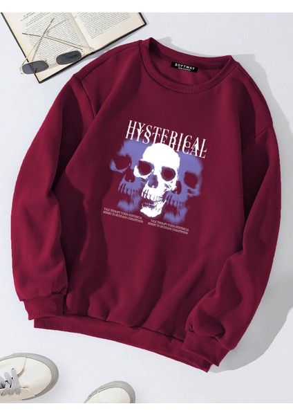 Oversize Bisiklet Yaka Basic Hystarigal Baskılı Sweatshirt - Bordo