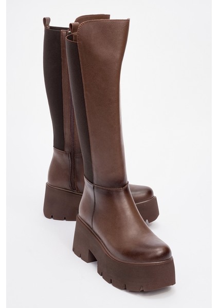 Solo Kahve Cilt Lastikli Kadın Platform Topuklu Çizme