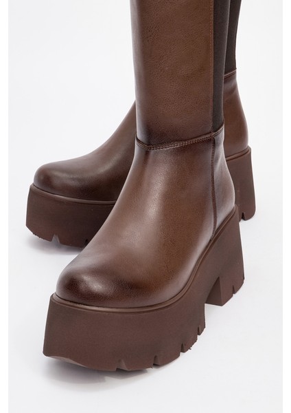 Solo Kahve Cilt Lastikli Kadın Platform Topuklu Çizme modelleri