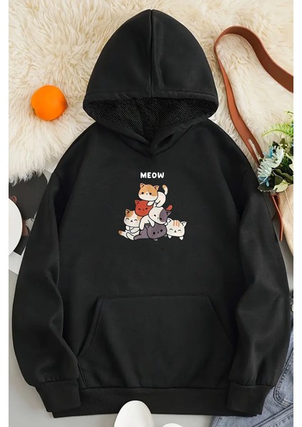 Uygun Tarz Meow Tatlı Kediler Baskılı Oversize Sweatshirt