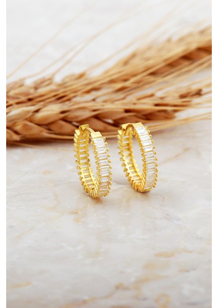 17 mm Baget Taşlı Orta Boy Altın Kaplama Gümüş Halka Küpe 7122