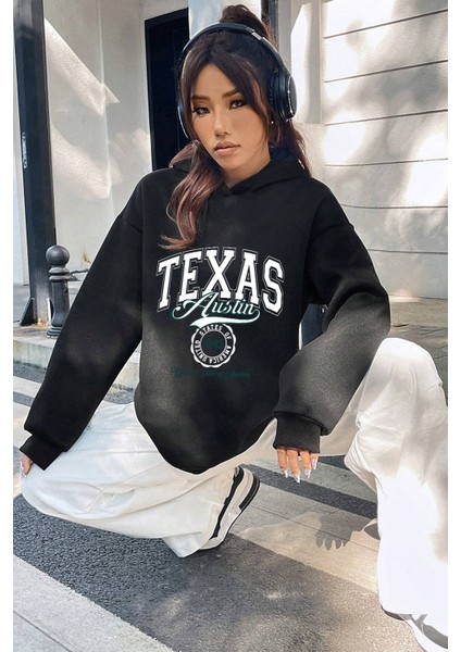 Uygun Tarz Texas Baskılı Oversize Sweatshirt