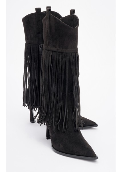 Gueras Siyah Süet Püsküllü Sivri Burun Kadın Topuklu Çizme