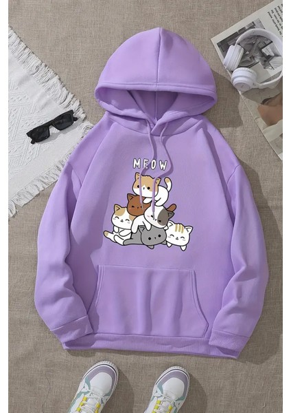Meow Tatlı Kediler Baskılı Oversize Sweatshirt