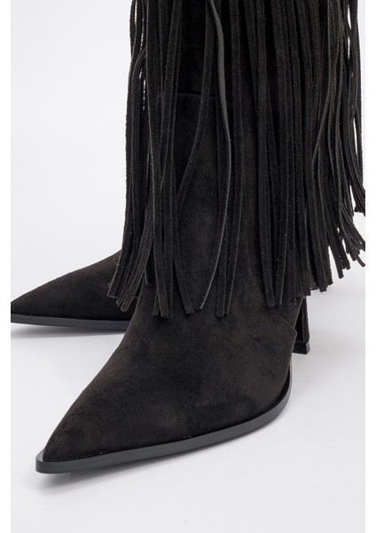 Gueras Siyah Süet Püsküllü Sivri Burun Kadın Topuklu Çizme modelleri