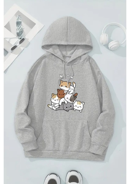 Meow Tatlı Kediler Baskılı Oversize Sweatshirt