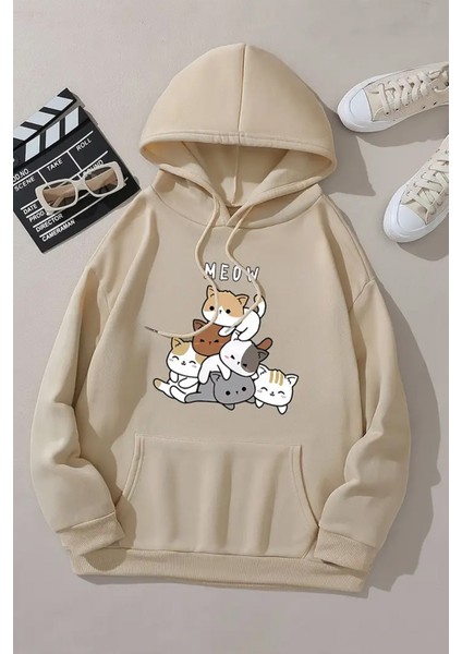 Uygun Tarz Meow Tatlı Kediler Baskılı Oversize Sweatshirt