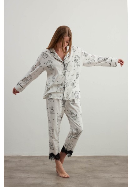 Kadın Plus Size Pamuklu Gömlek Yaka Uzun Pijama Takımı