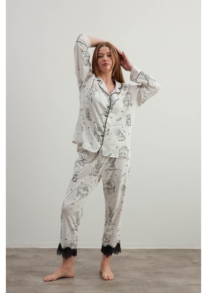 Kadın Plus Size Pamuklu Gömlek Yaka Uzun Pijama Takımı
