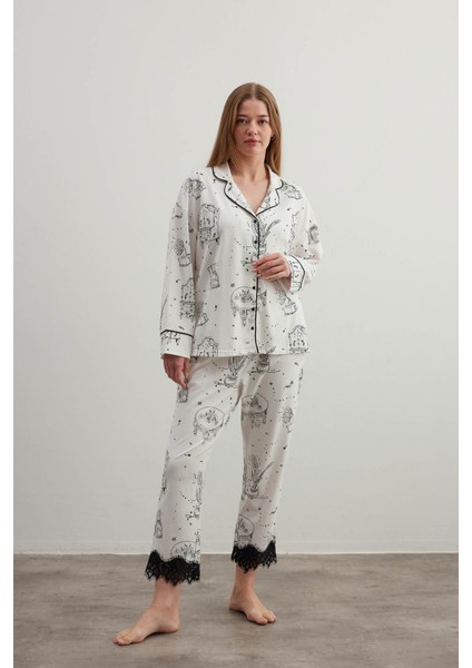 Kadın Plus Size Pamuklu Gömlek Yaka Uzun Pijama Takımı